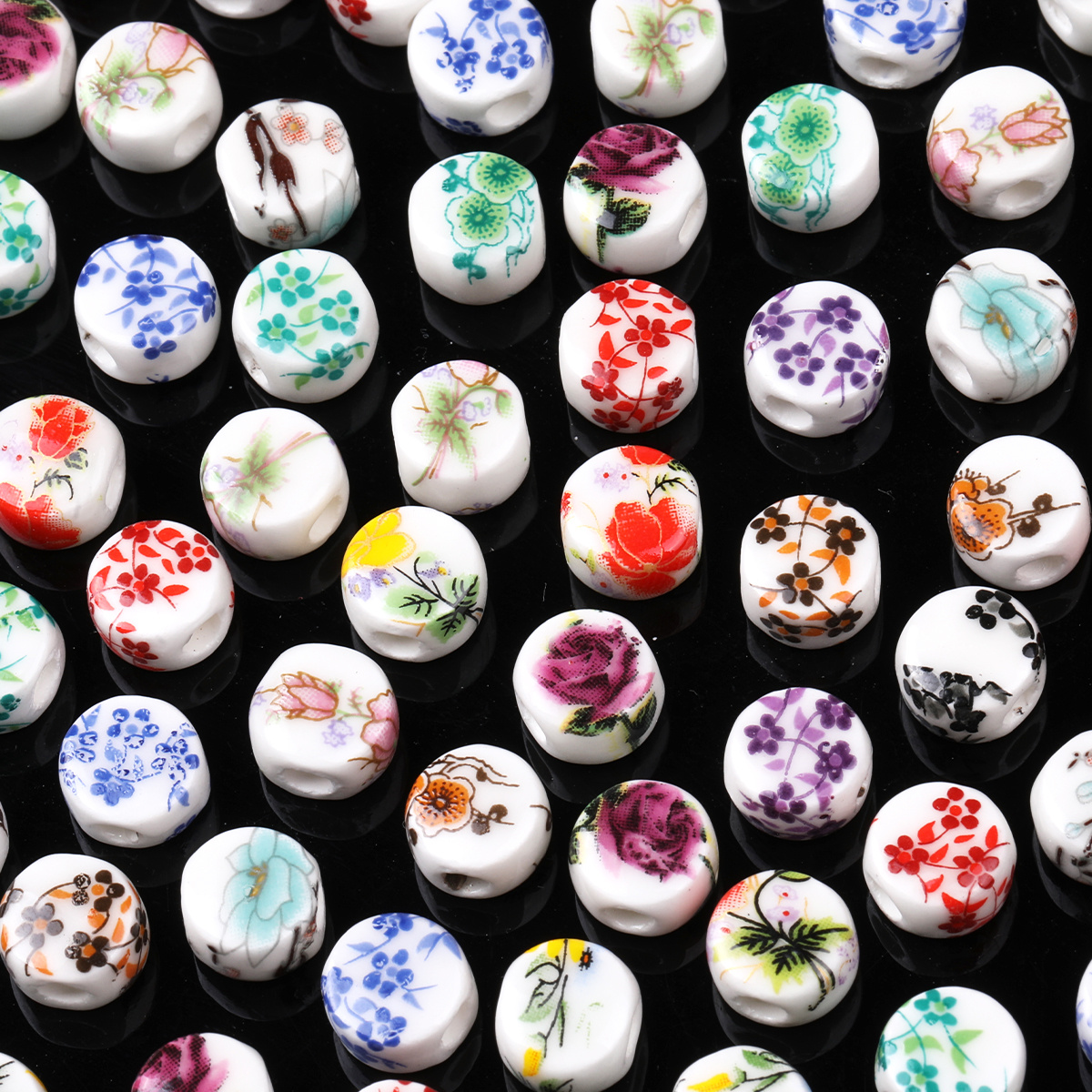 20pcs Random Color Flat Round Printed Flower Ceramic Beads